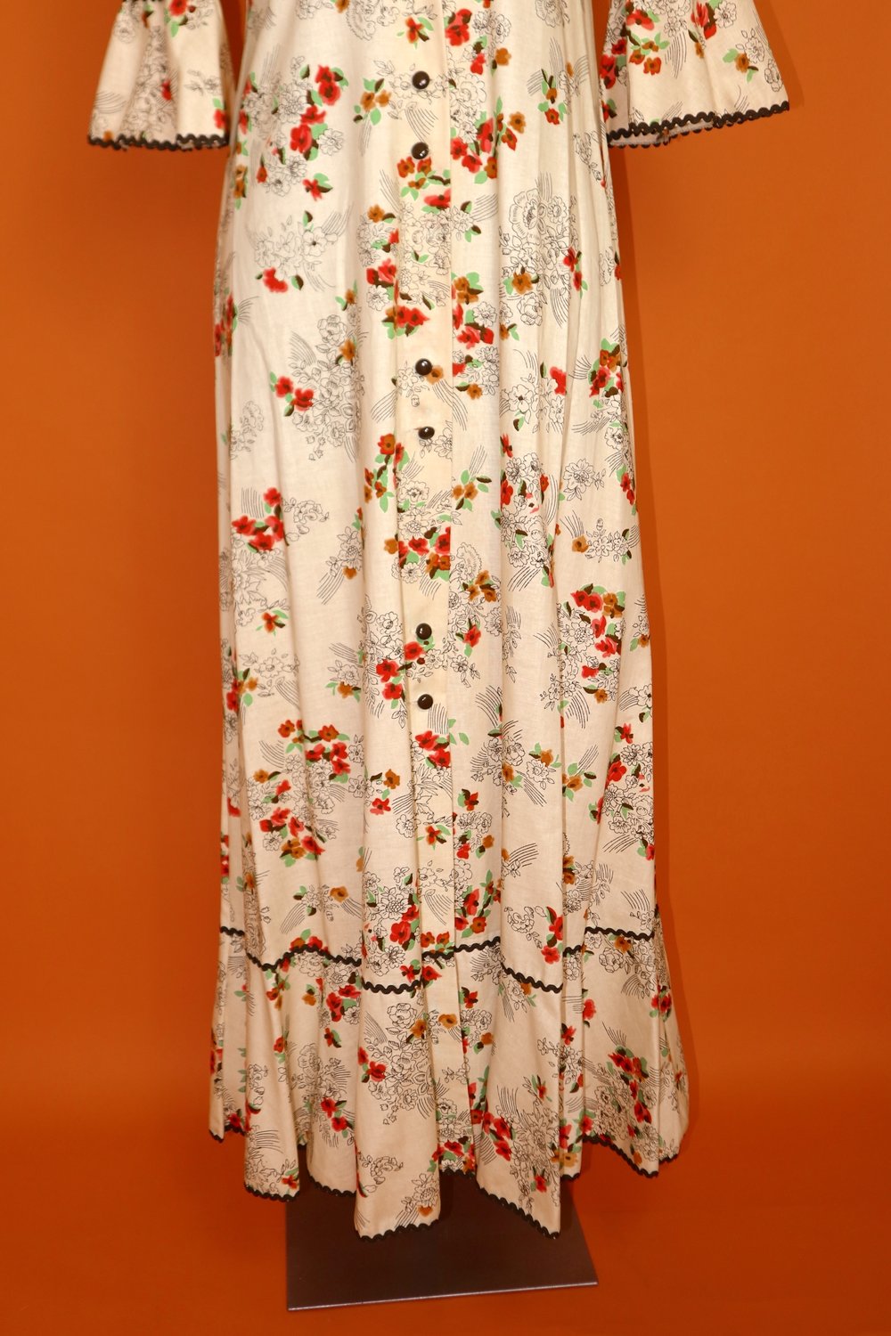 VINTAGE 70S PRAIRIE POPPY FLORAL PATTERN RUFFLED COTTON MAXI DRESS